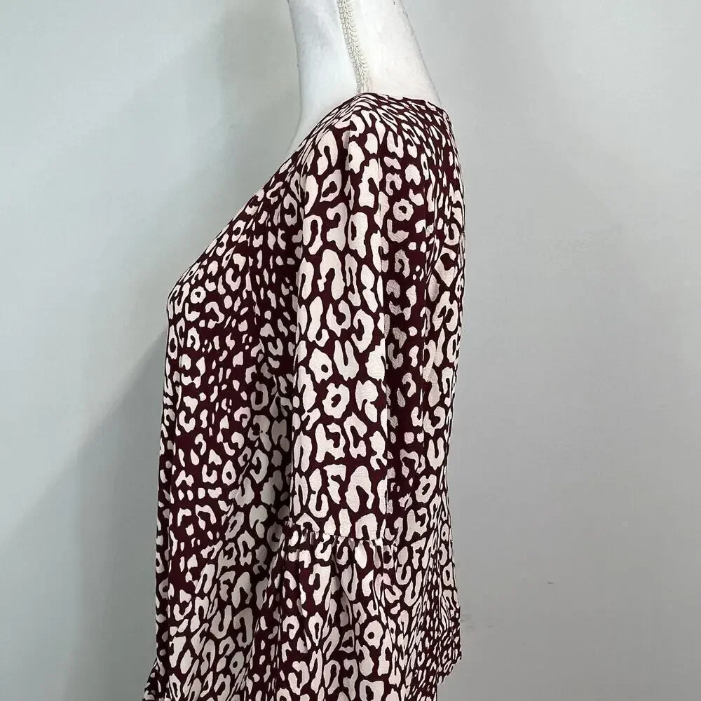 Michael Kors Blouse Tunic size Medium Burgundy Tan Leopard Lagenlook Peasant